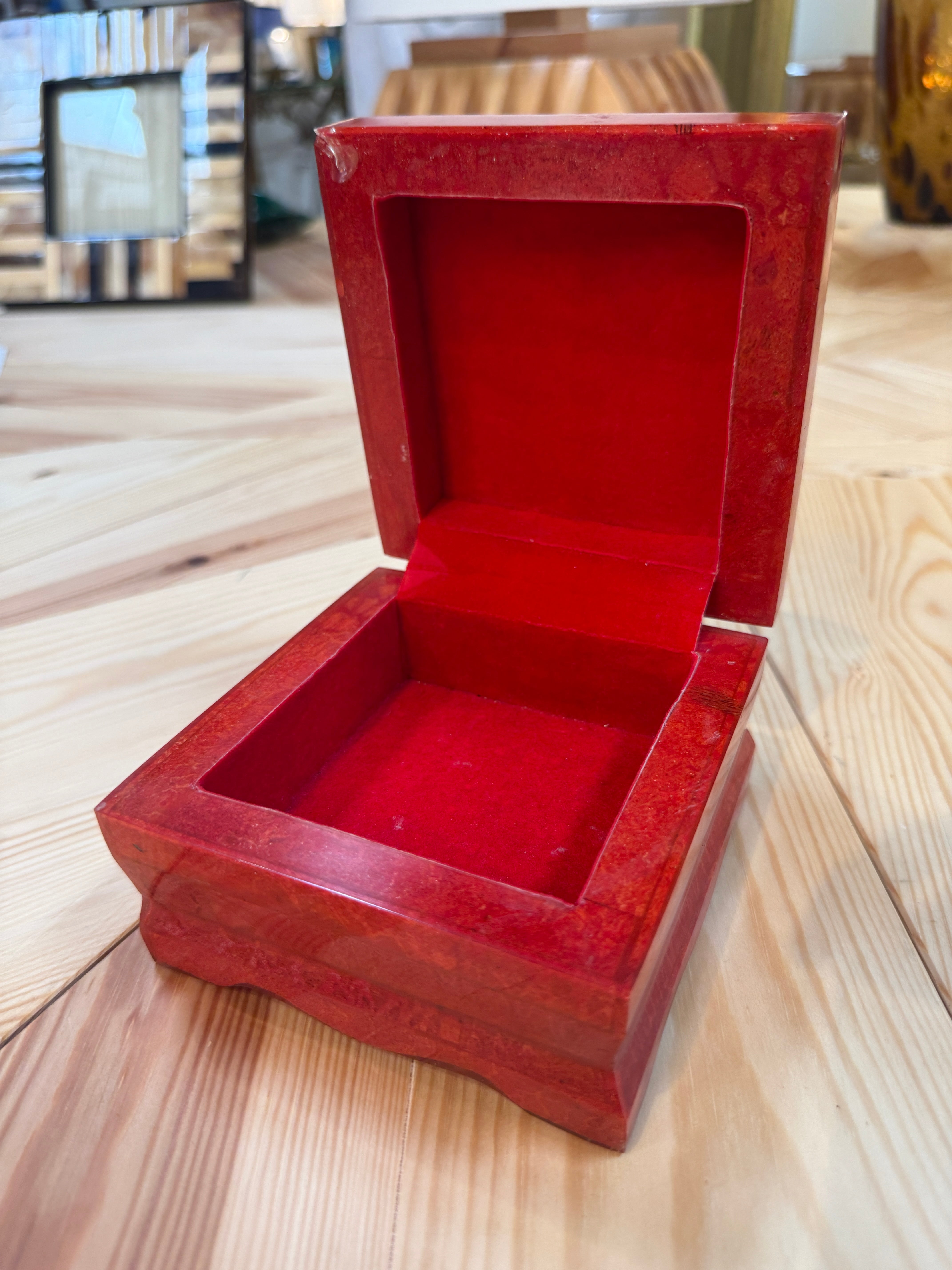 Vintage Red Lacquer Decorative Box with Scalloped Footed Base