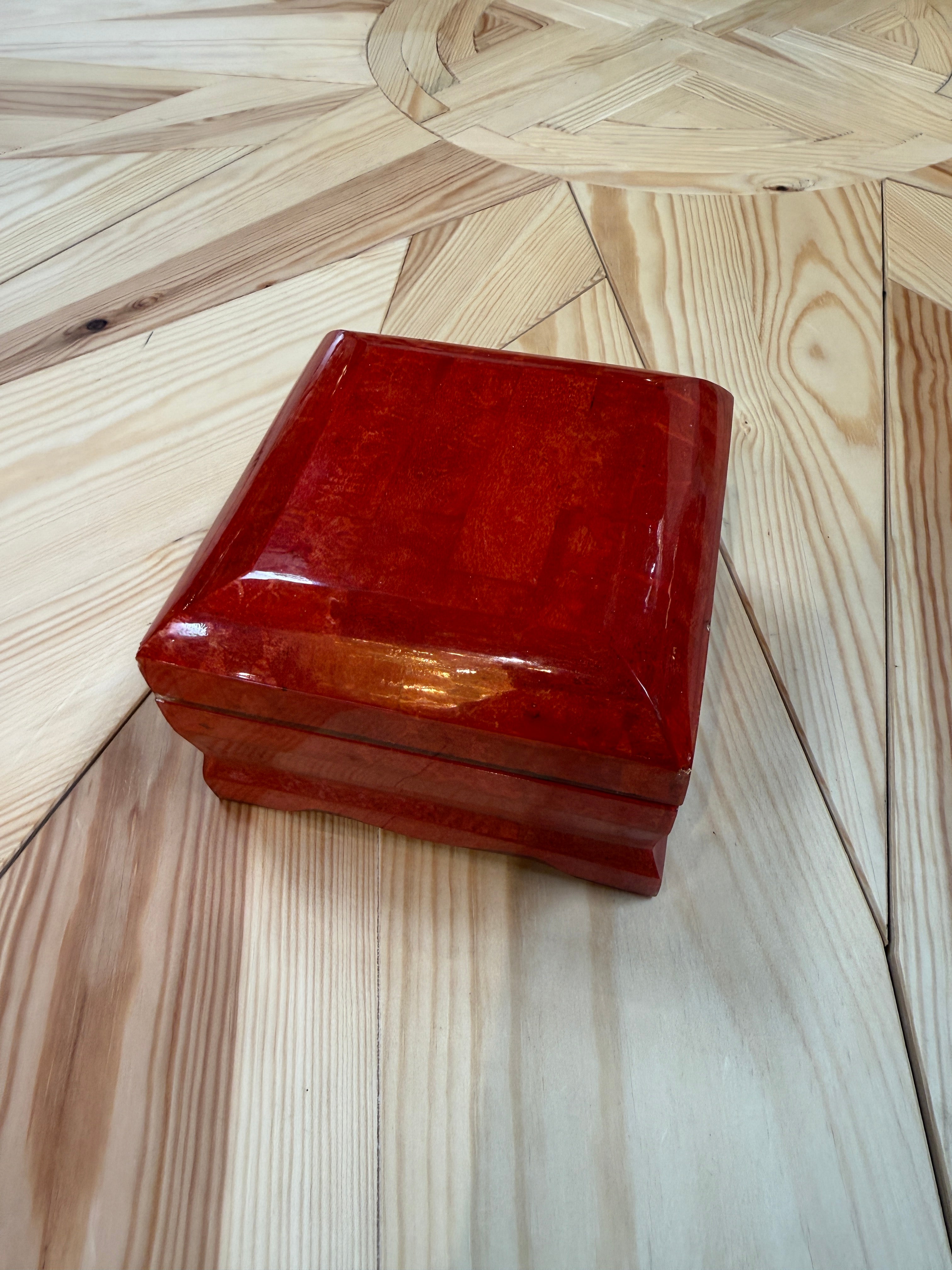 Vintage Red Lacquer Decorative Box with Scalloped Footed Base