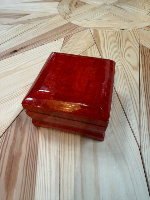 Vintage Red Lacquer Decorative Box with Scalloped Footed Base