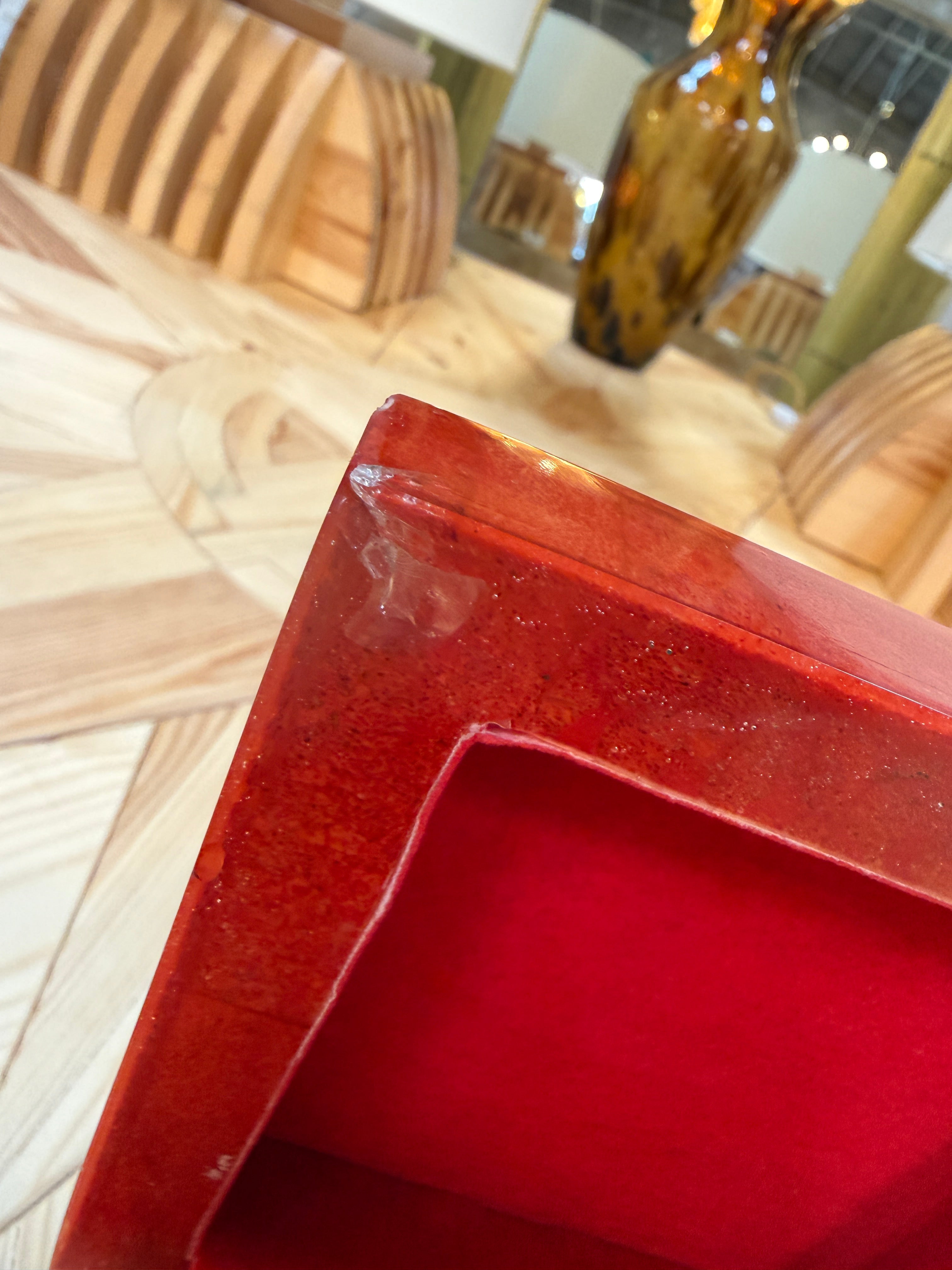 Vintage Red Lacquer Decorative Box with Scalloped Footed Base