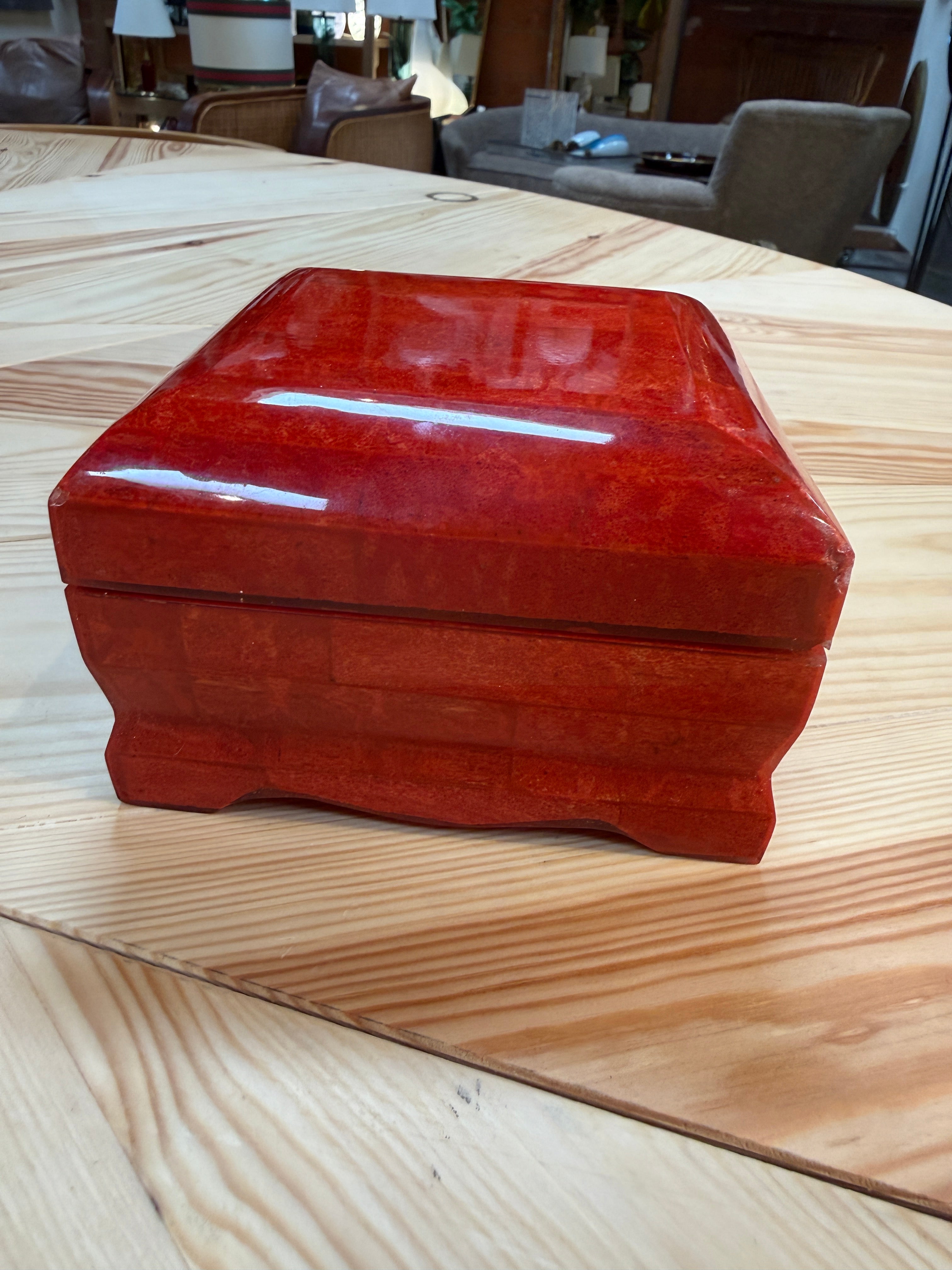 Vintage Red Lacquer Decorative Box with Scalloped Footed Base