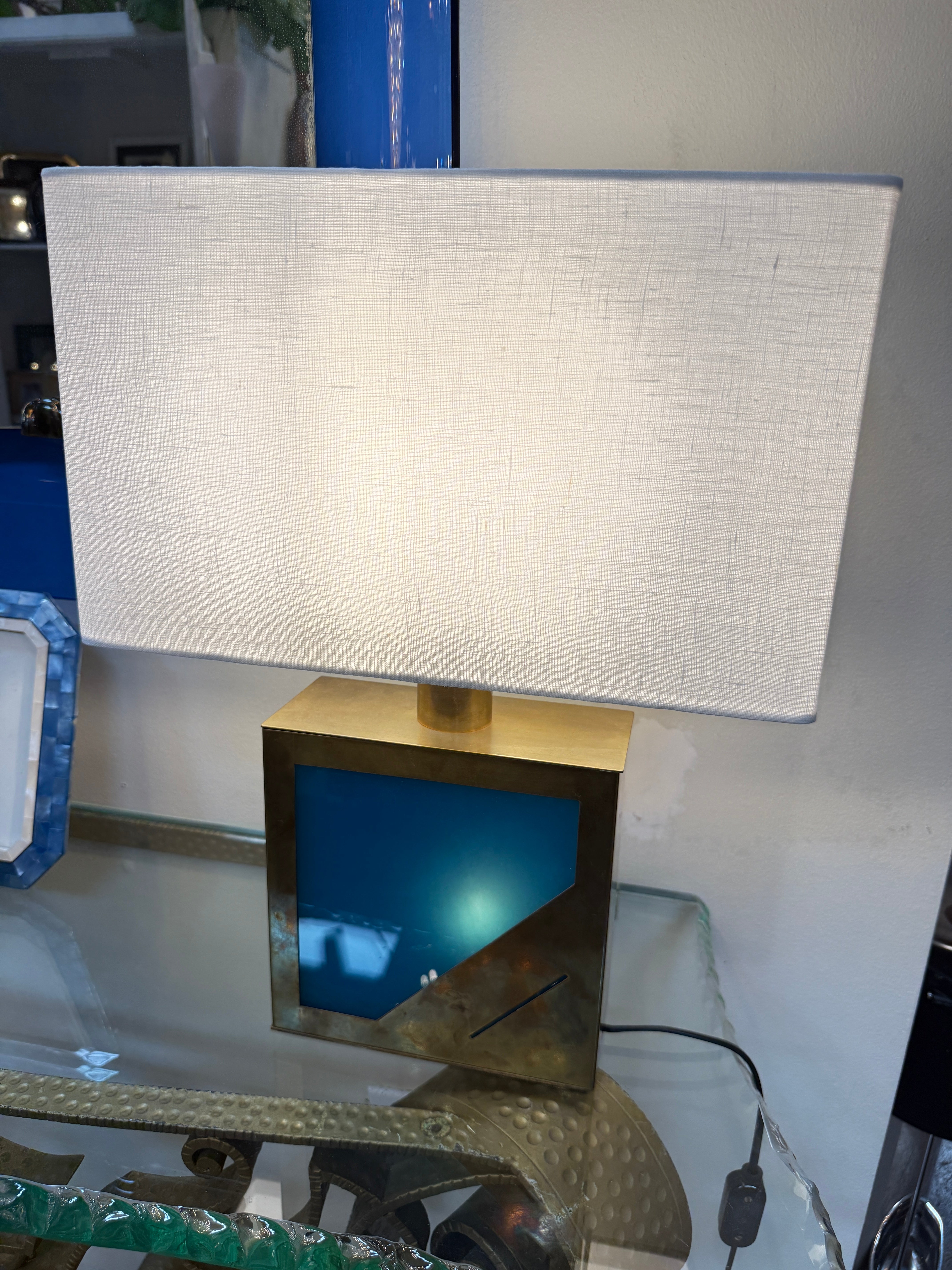 Brass Table Lamp with Blue Panel Base and Rectangular Linen Shade