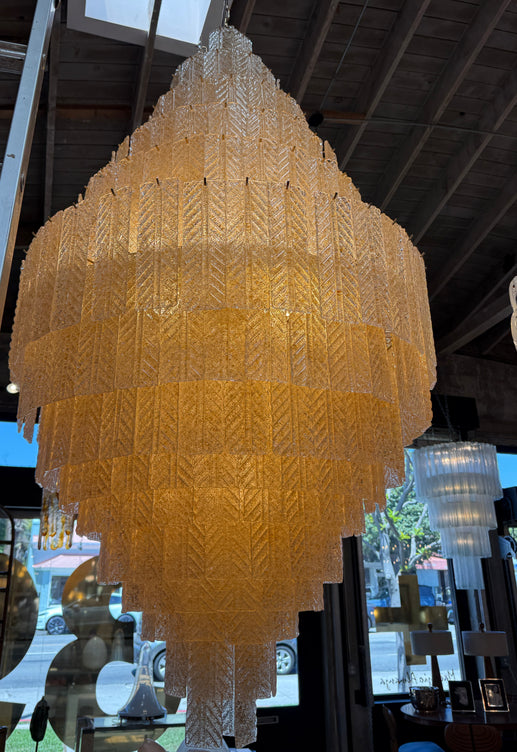 Monumental Amber Textured Glass Leaf Tiered Chandelier