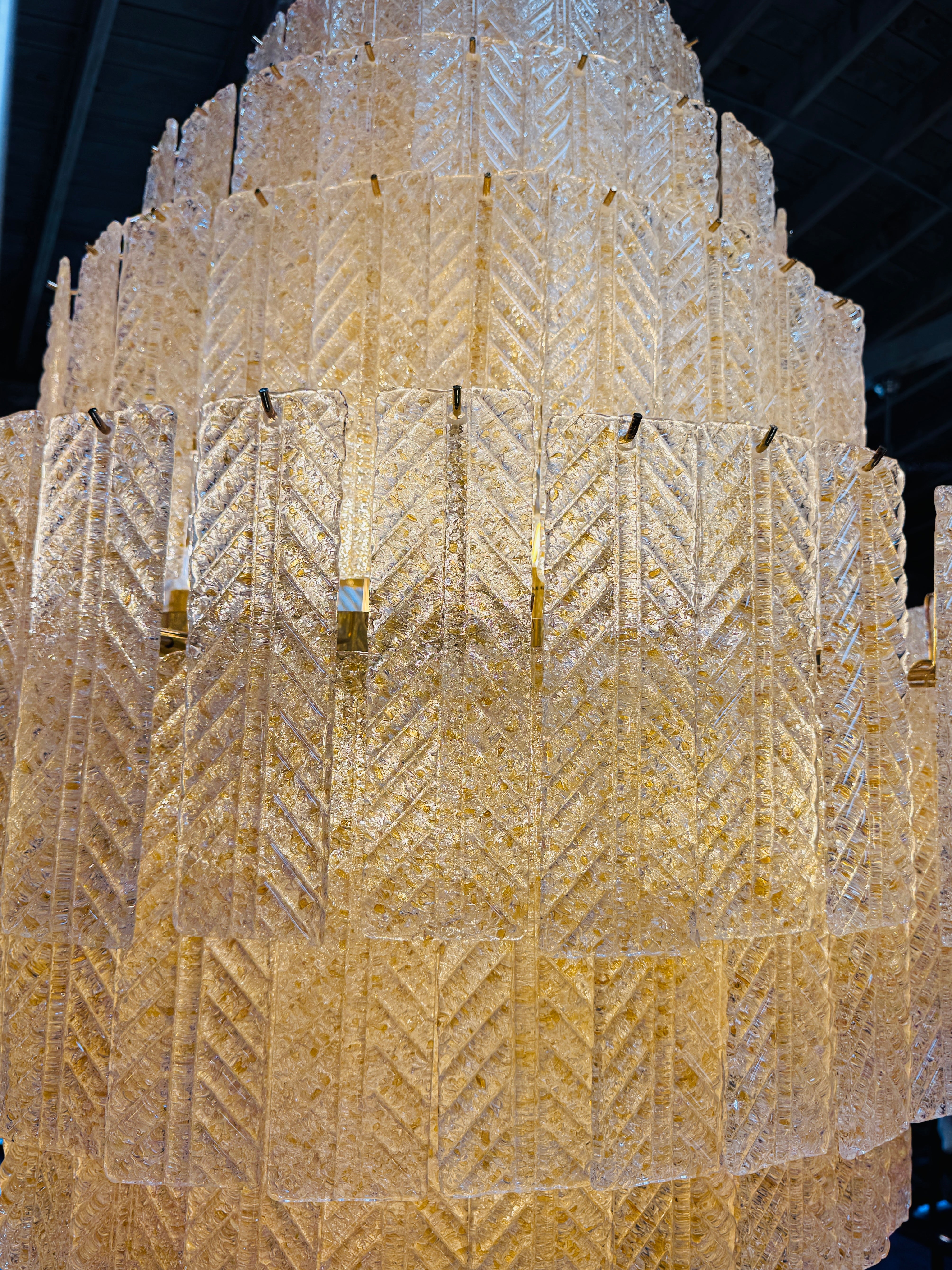 Monumental Amber Textured Glass Leaf Tiered Chandelier