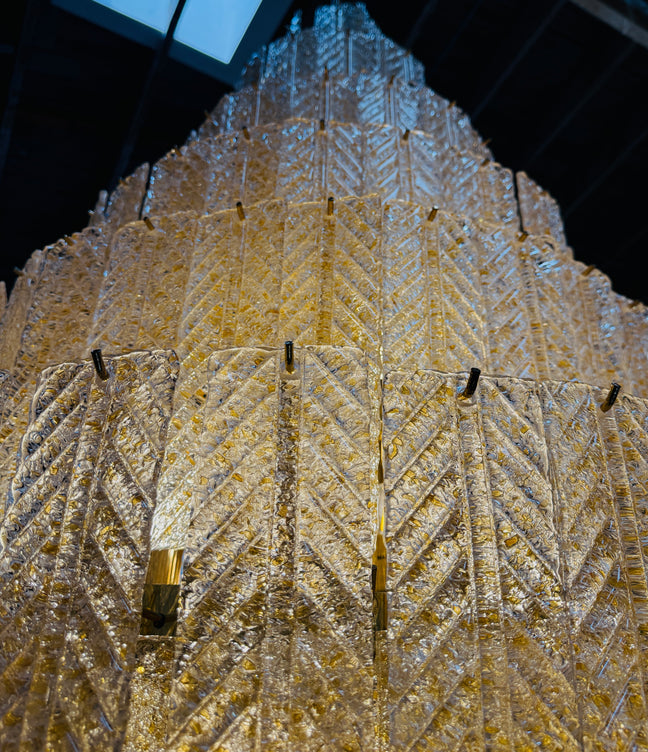 Monumental Amber Textured Glass Leaf Tiered Chandelier