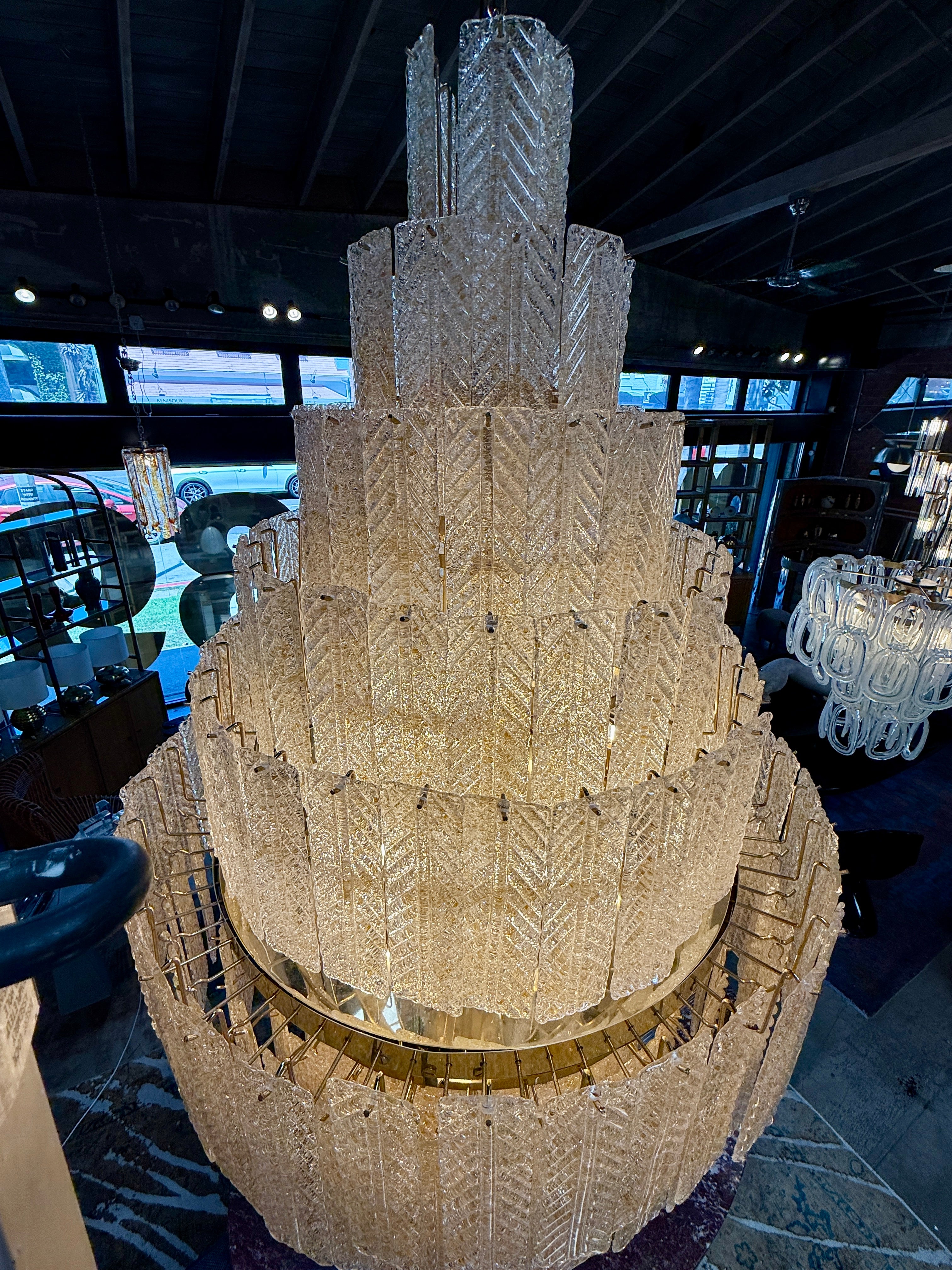 Monumental Amber Textured Glass Leaf Tiered Chandelier