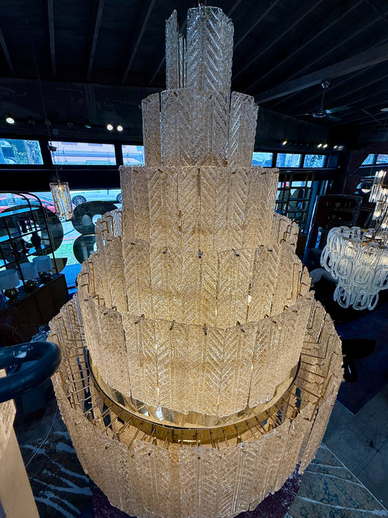 Monumental Amber Textured Glass Leaf Tiered Chandelier