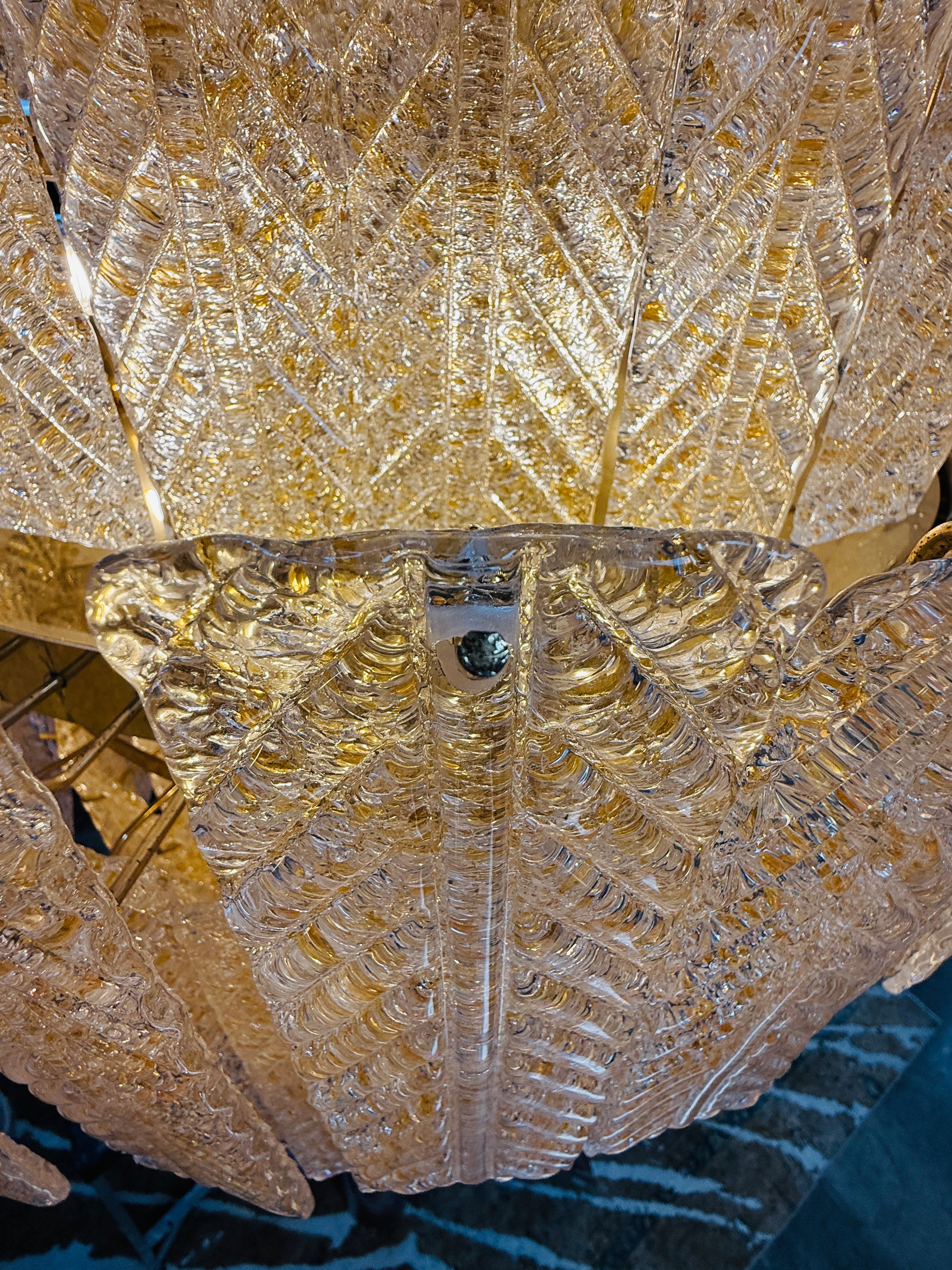 Monumental Amber Textured Glass Leaf Tiered Chandelier