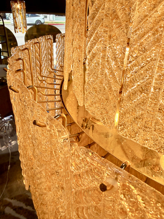 Monumental Amber Textured Glass Leaf Tiered Chandelier