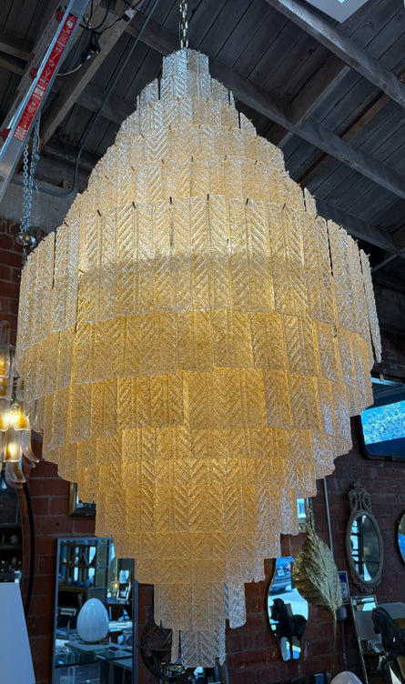 Monumental Amber Textured Glass Leaf Tiered Chandelier