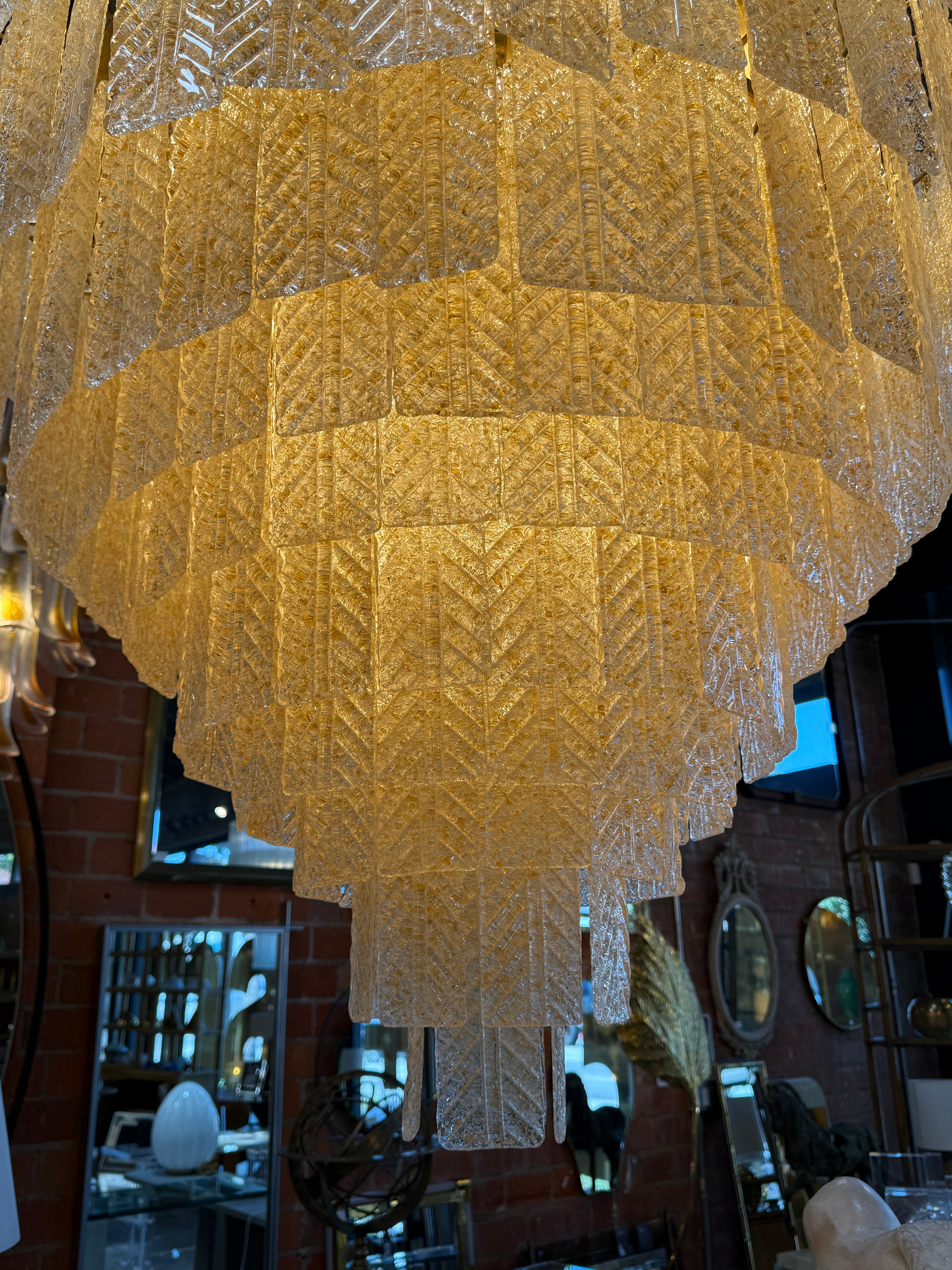 Monumental Amber Textured Glass Leaf Tiered Chandelier