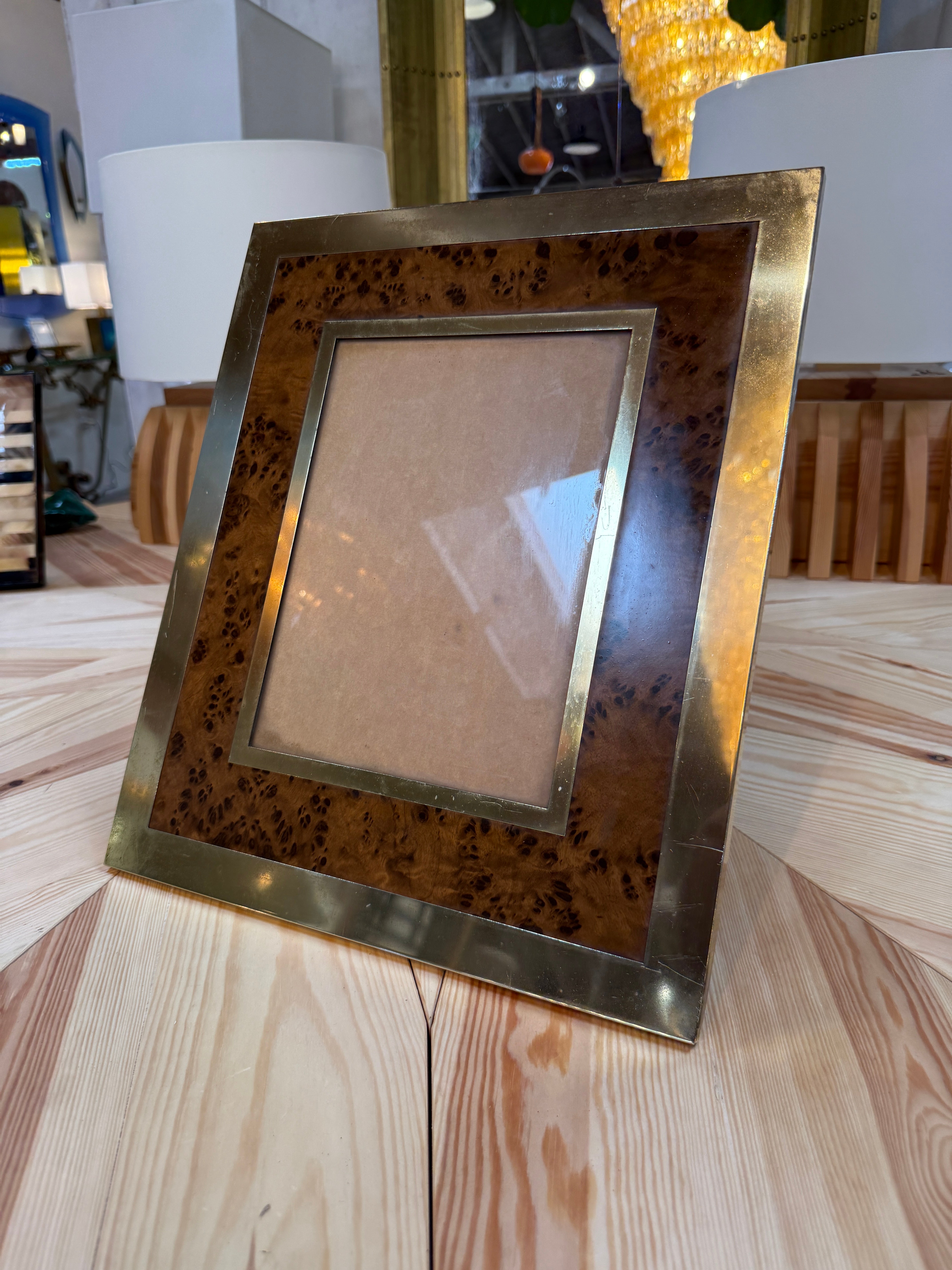 Burl Wood and Brass Picture Frame