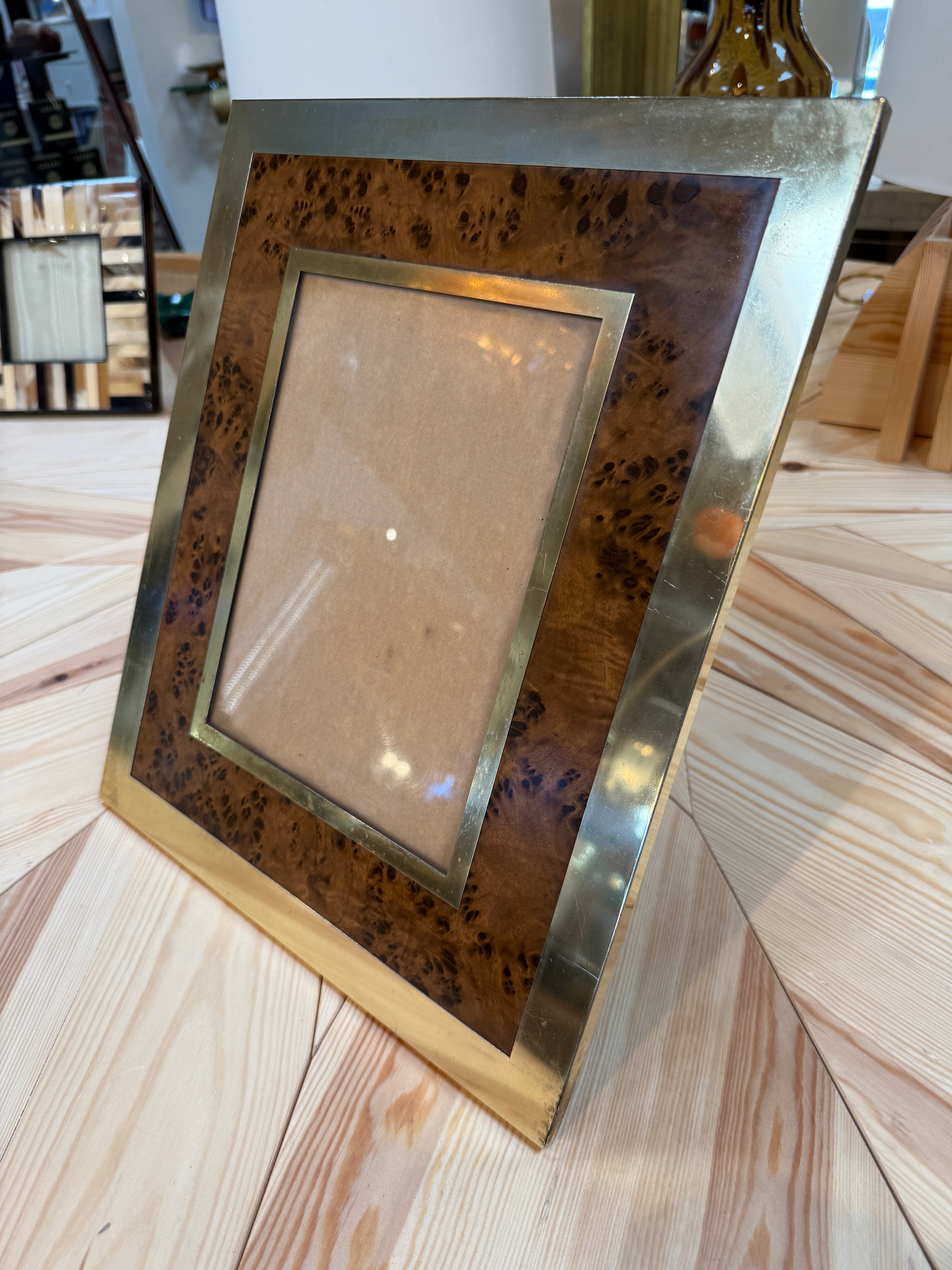 Burl Wood and Brass Picture Frame