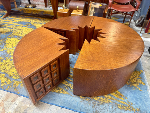 Rare Modular "Quadrifoglio" Coffee Table in Carved Oak by Giuseppe Rivadossi, 1970s