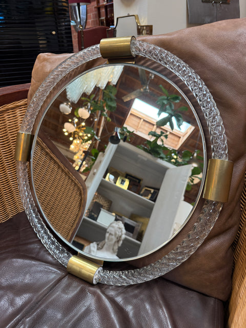 Round Murano Glass and Brass Wall Mirror 1970s