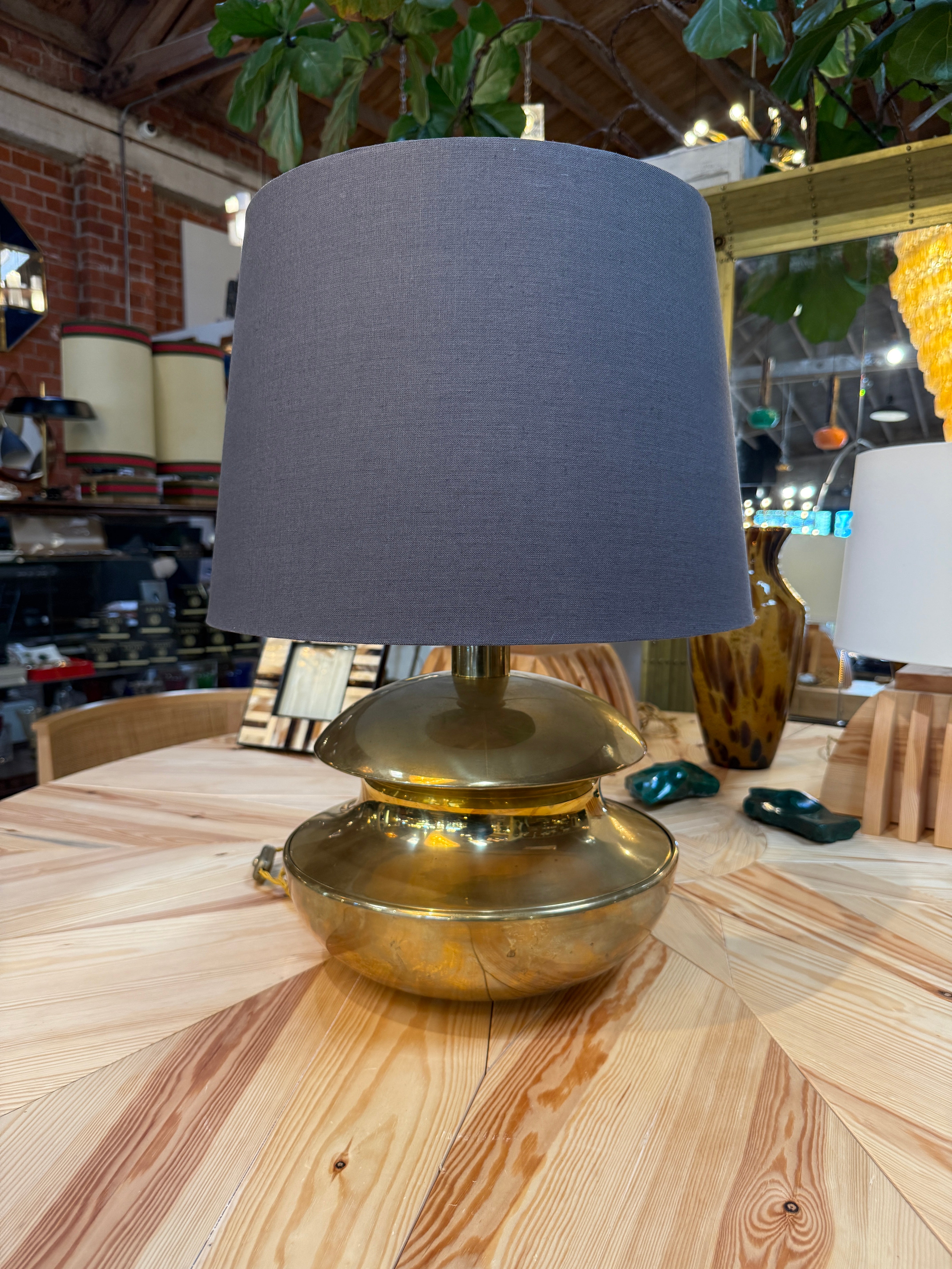 Sculptural Brass Table Lamp with Blue Shade 1970's