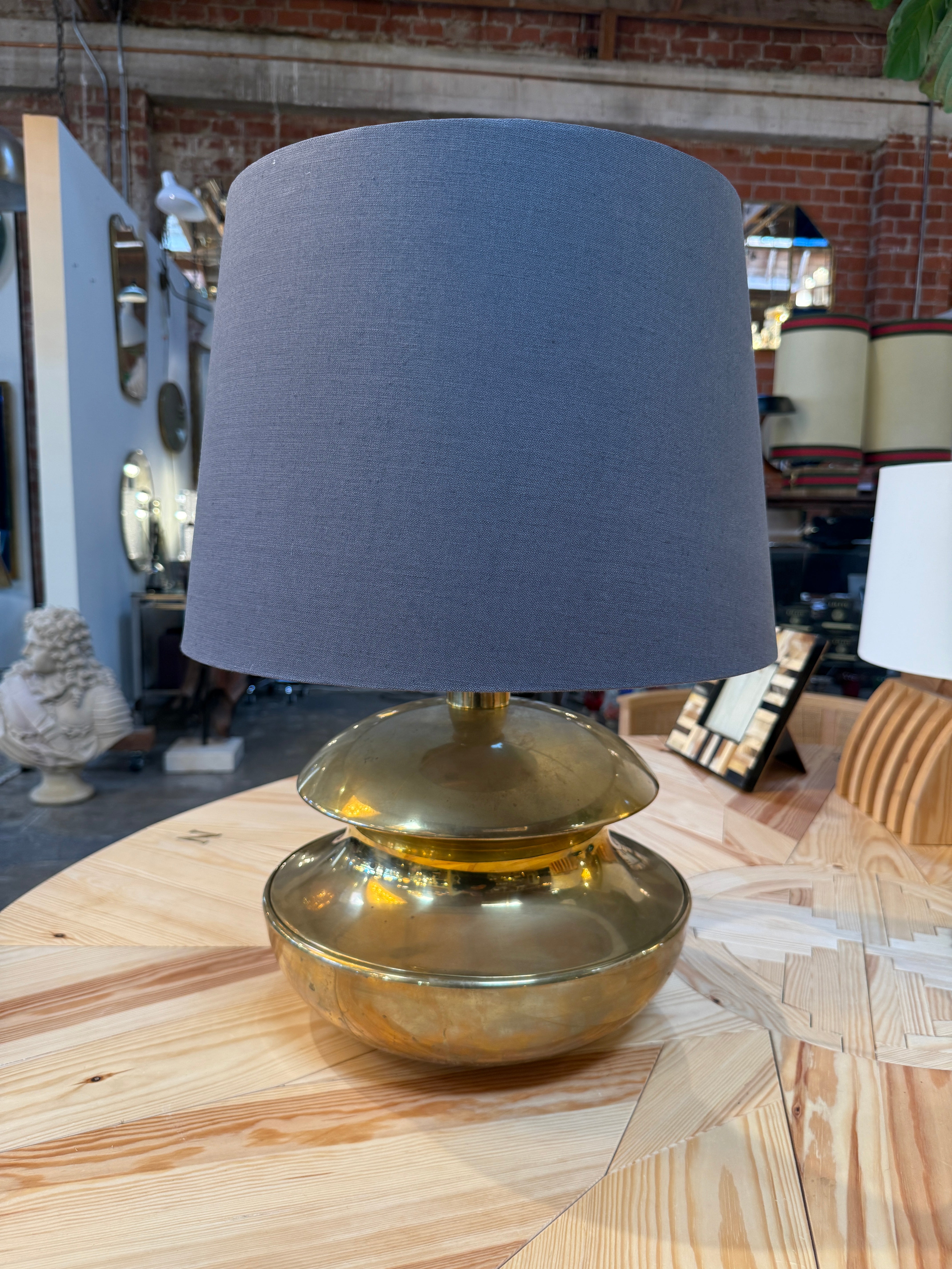 Sculptural Brass Table Lamp with Blue Shade 1970's