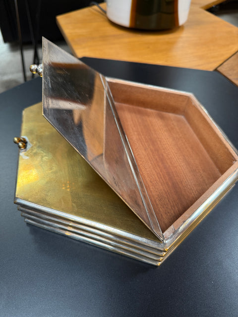 Hexagonal Brass & Silver Decorative Box with Wooden Interior