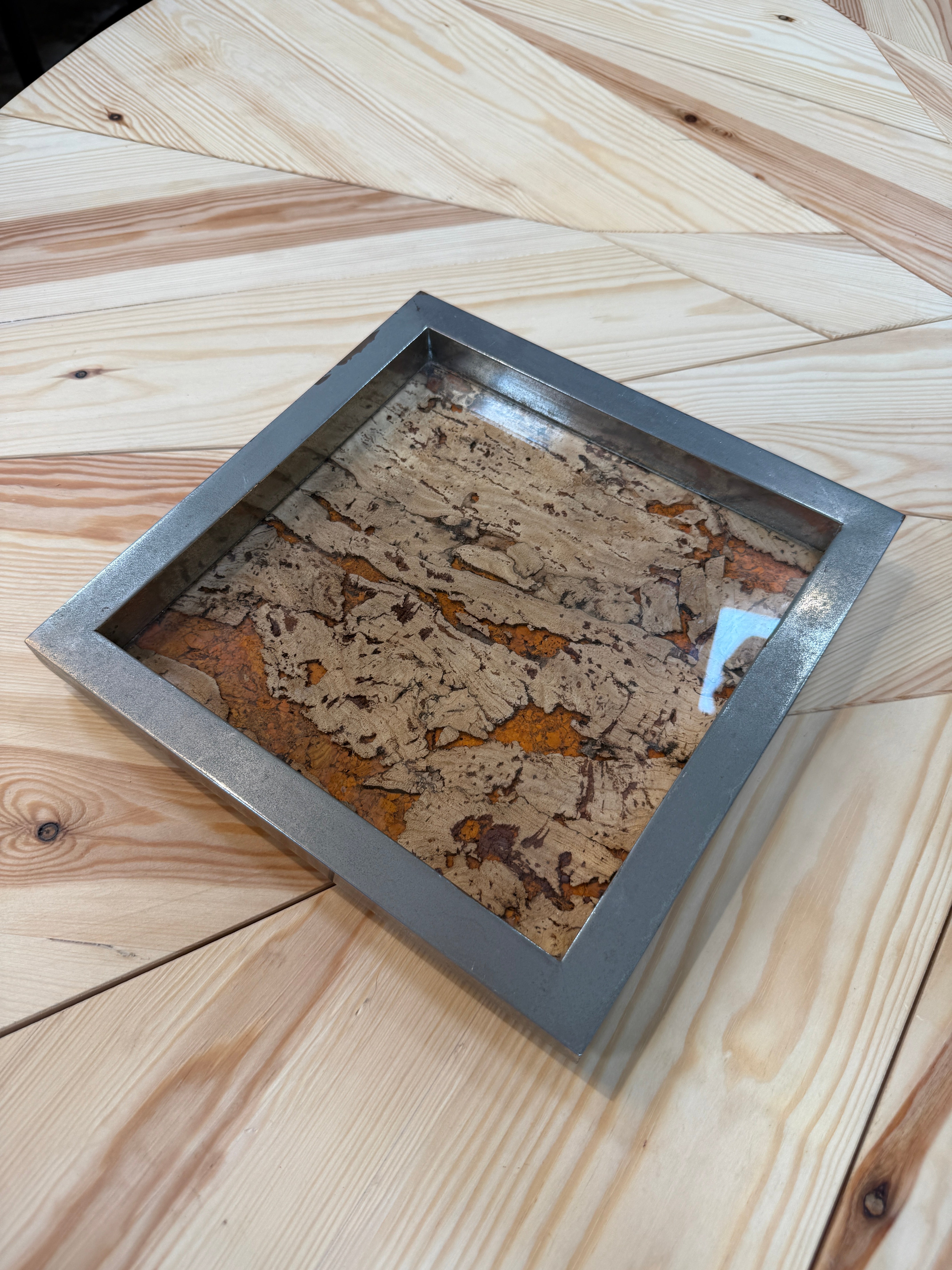 Vintage Square Tray with Cork Inlay and Metal Frame