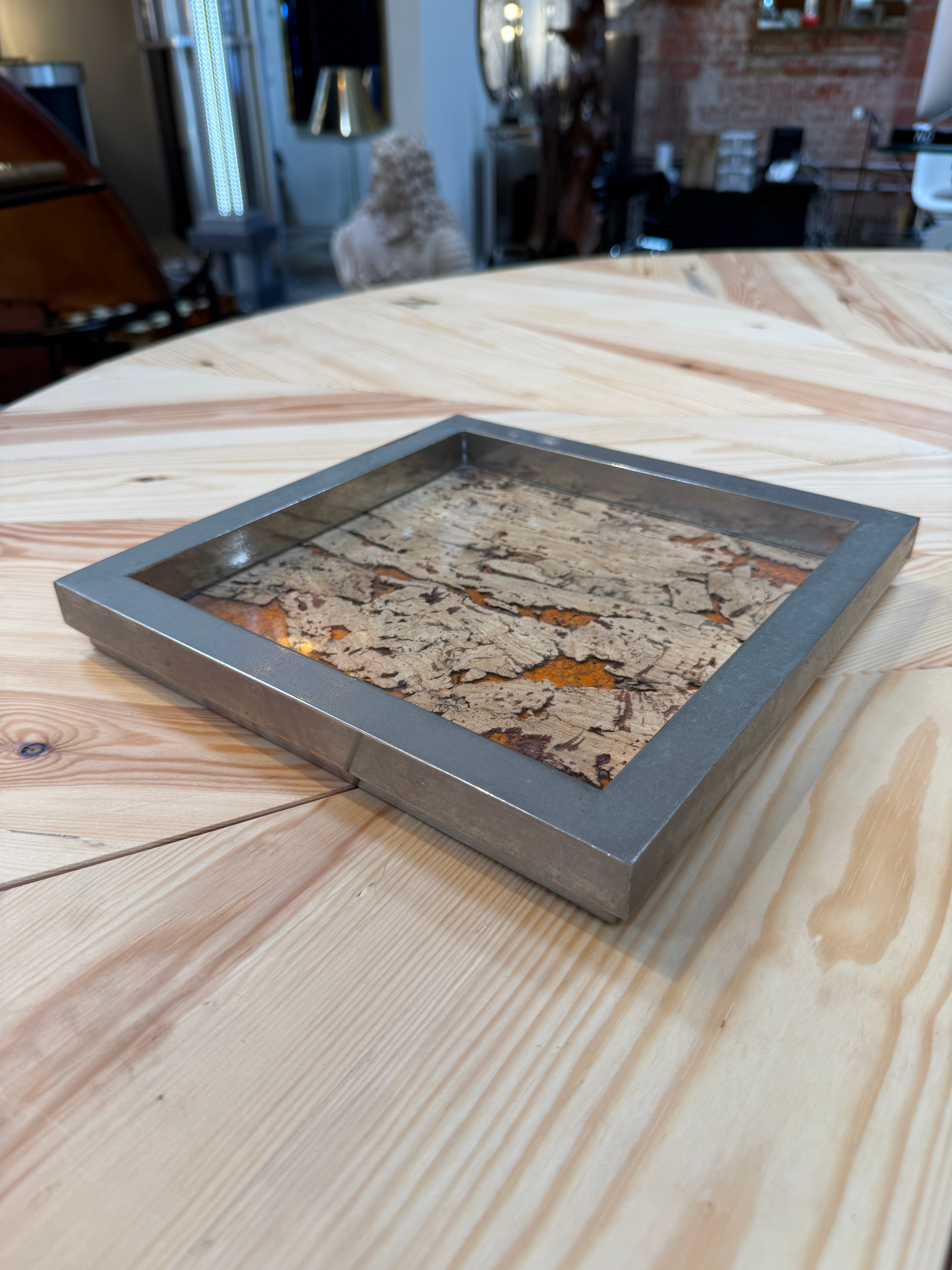 Vintage Square Tray with Cork Inlay and Metal Frame