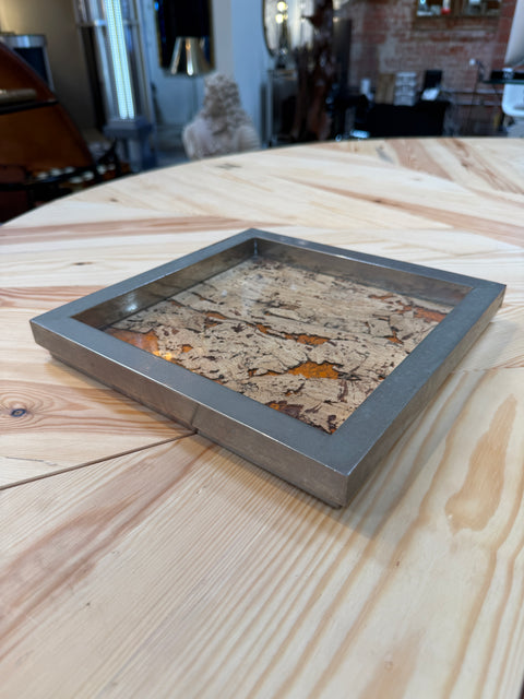 Vintage Square Tray with Cork Inlay and Metal Frame