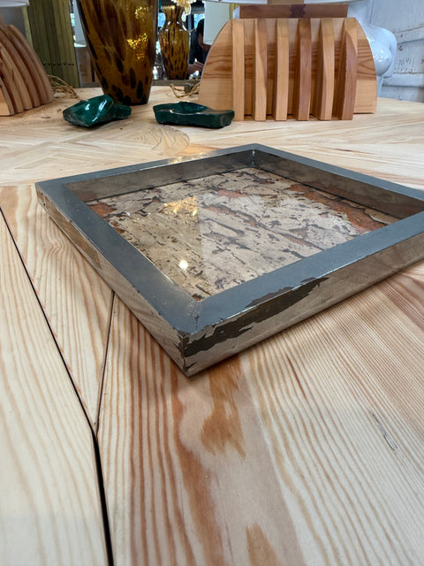 Vintage Square Tray with Cork Inlay and Metal Frame