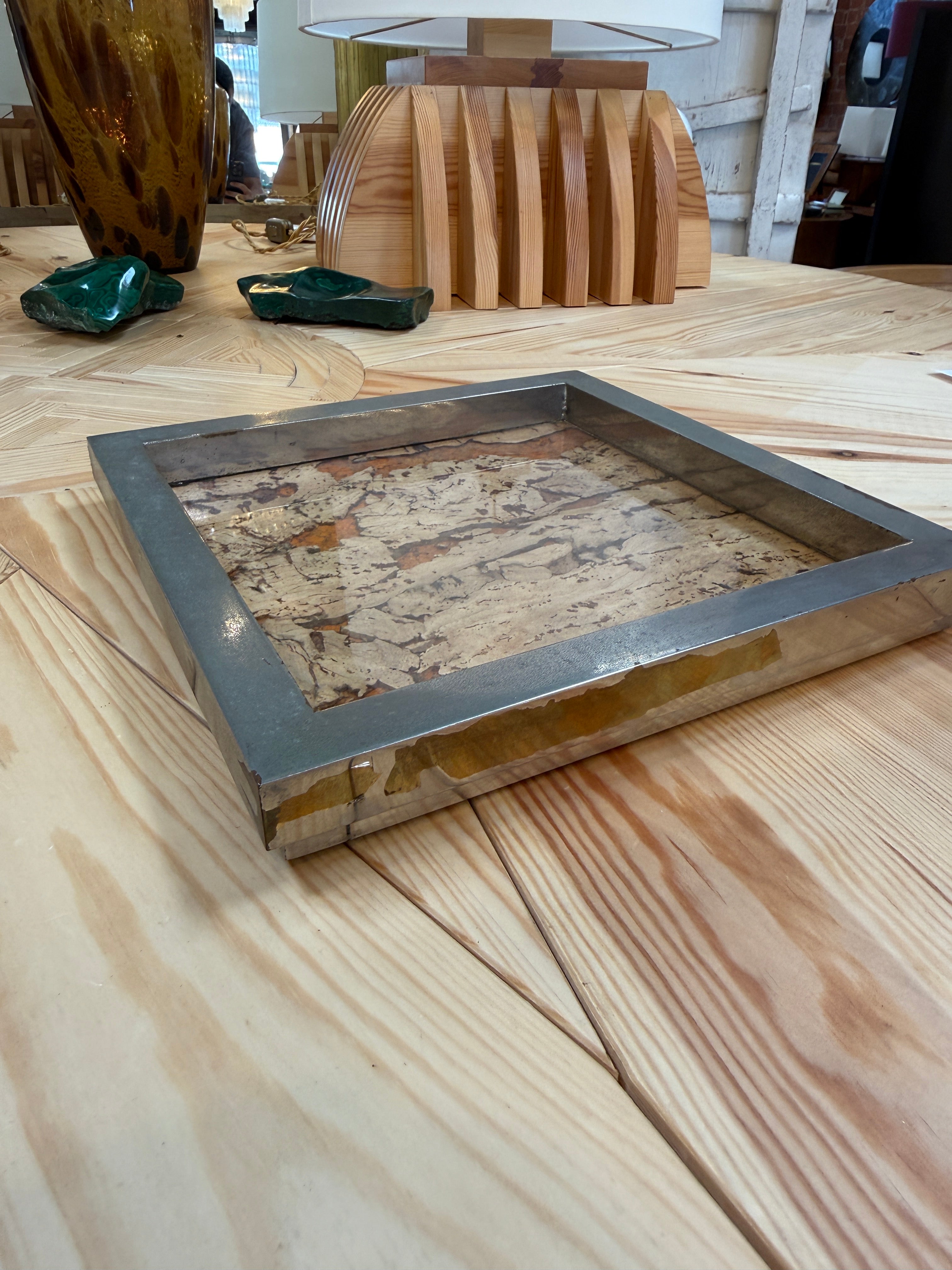 Vintage Square Tray with Cork Inlay and Metal Frame