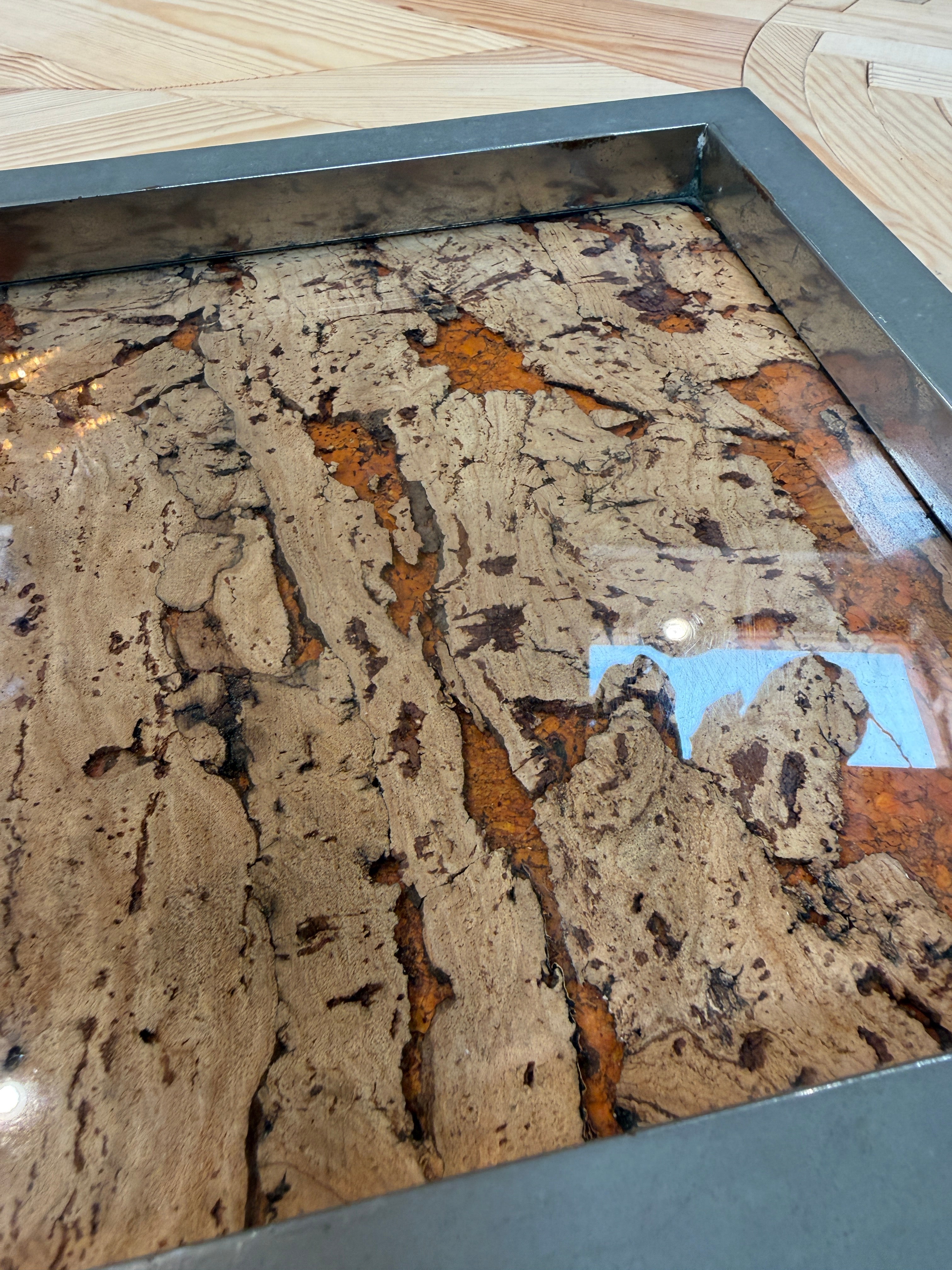 Vintage Square Tray with Cork Inlay and Metal Frame