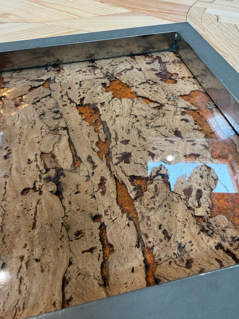 Vintage Square Tray with Cork Inlay and Metal Frame