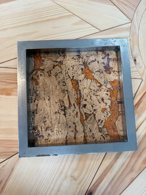 Vintage Square Tray with Cork Inlay and Metal Frame