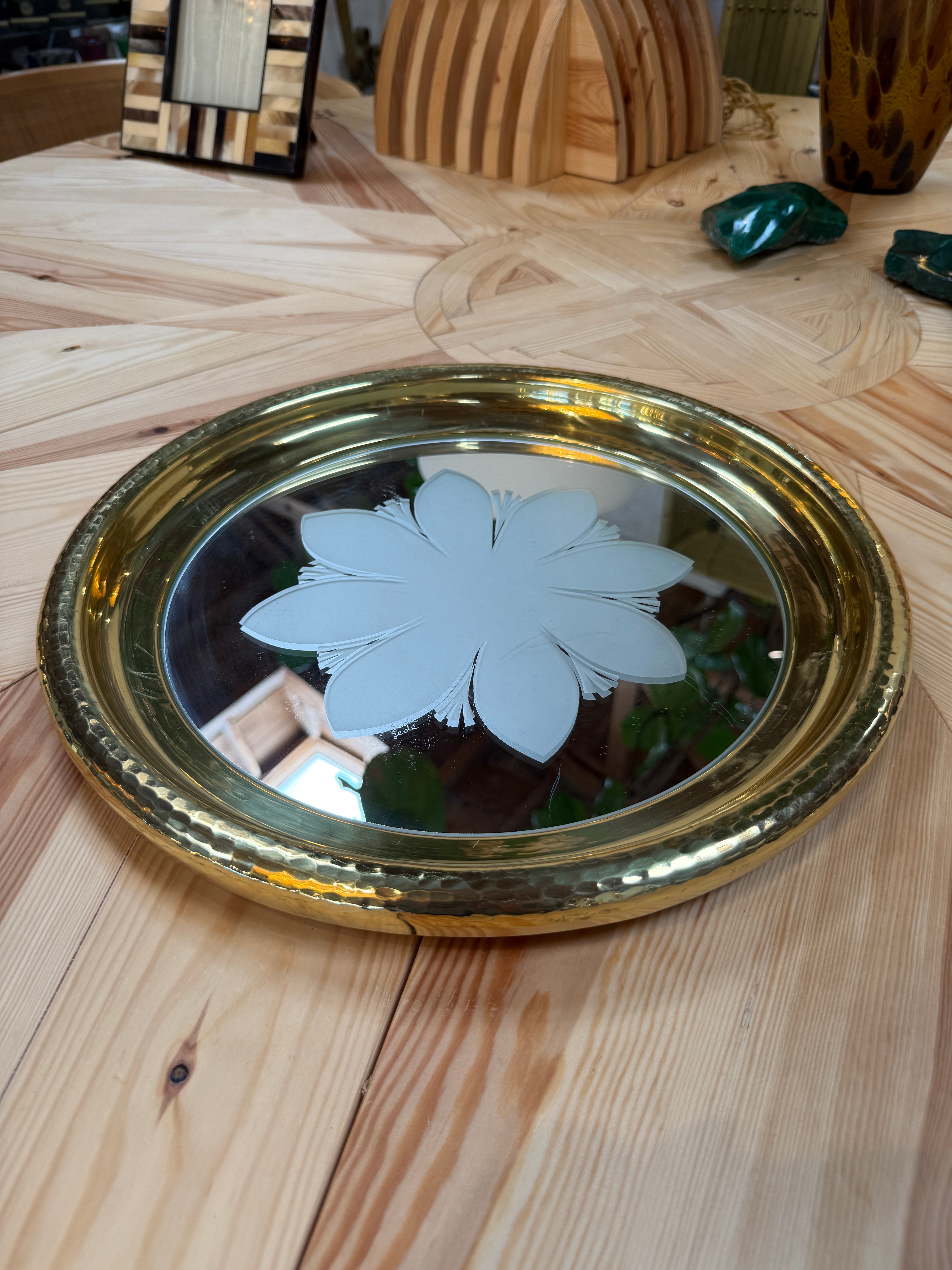 Round Brass Tray with Floral Mirrored Glass