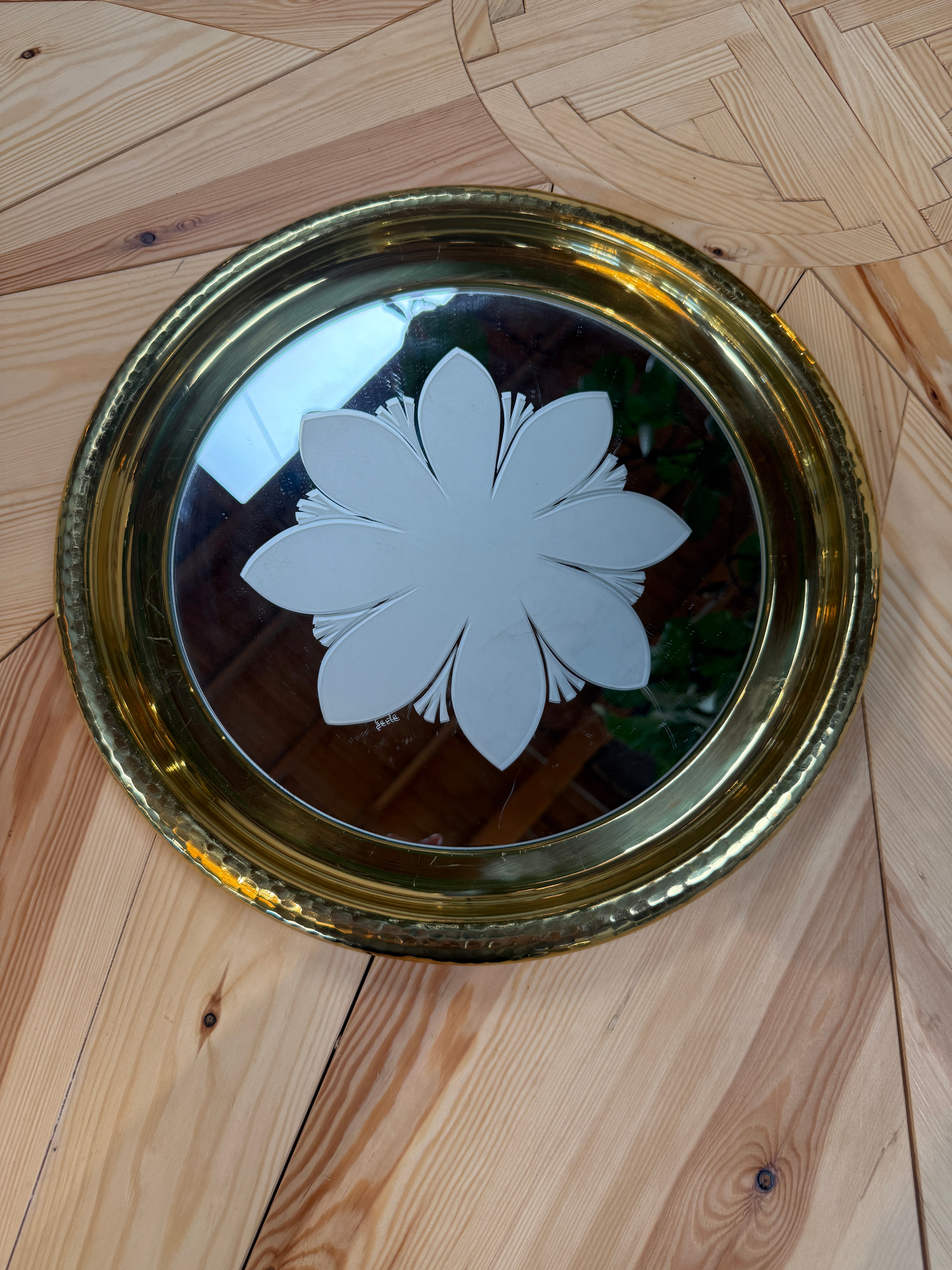 Round Brass Tray with Floral Mirrored Glass