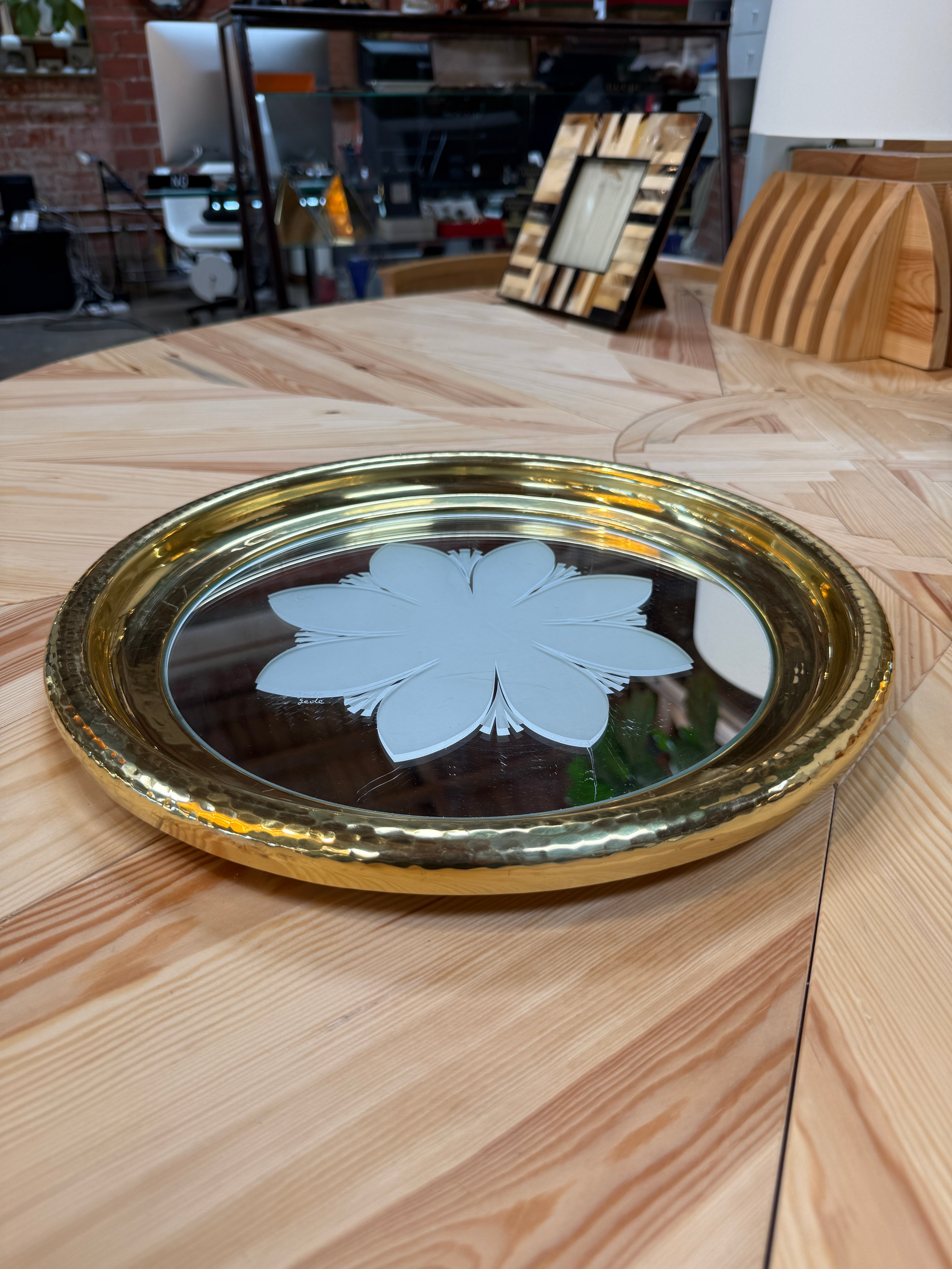 Round Brass Tray with Floral Mirrored Glass