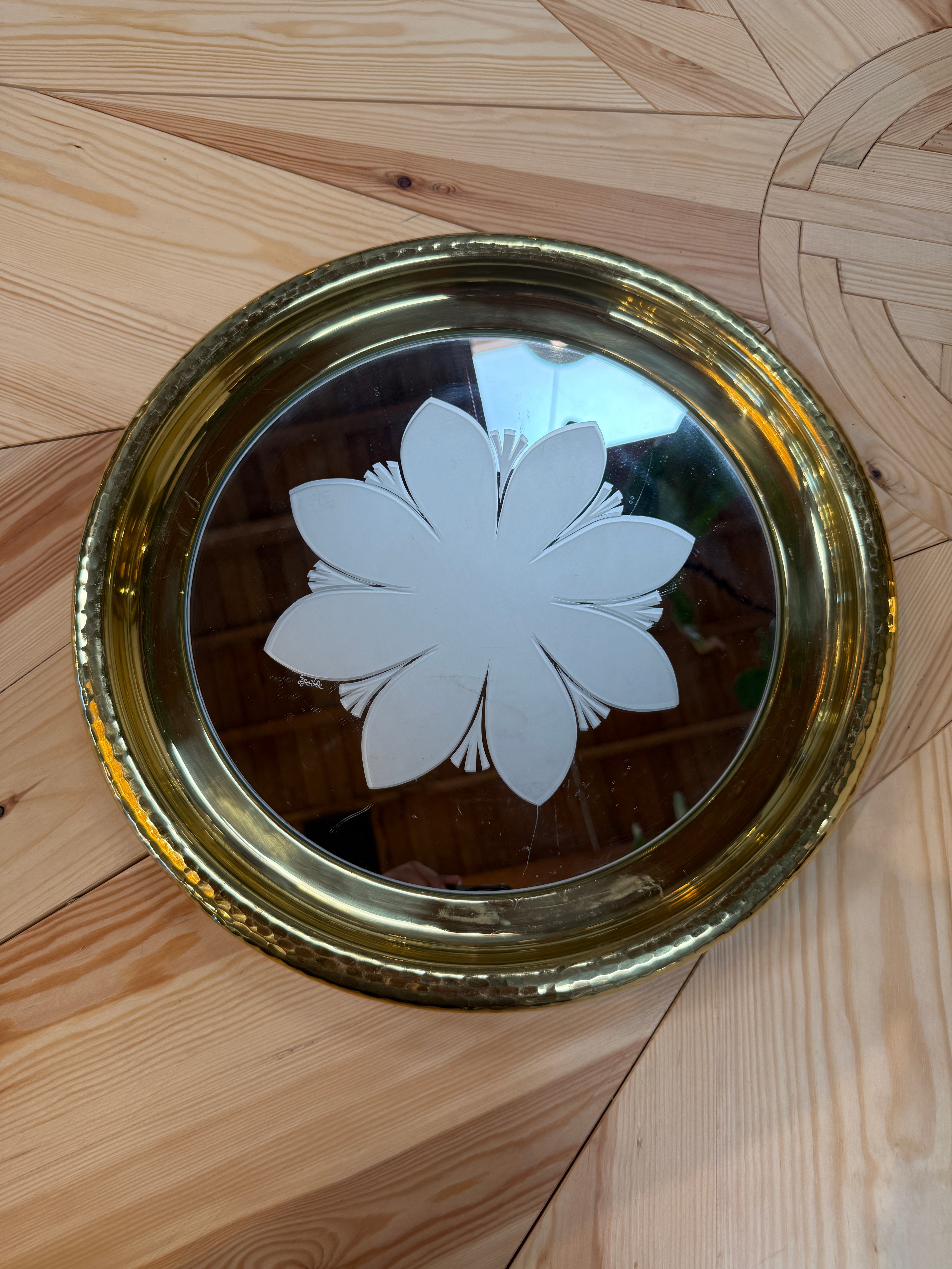 Round Brass Tray with Floral Mirrored Glass