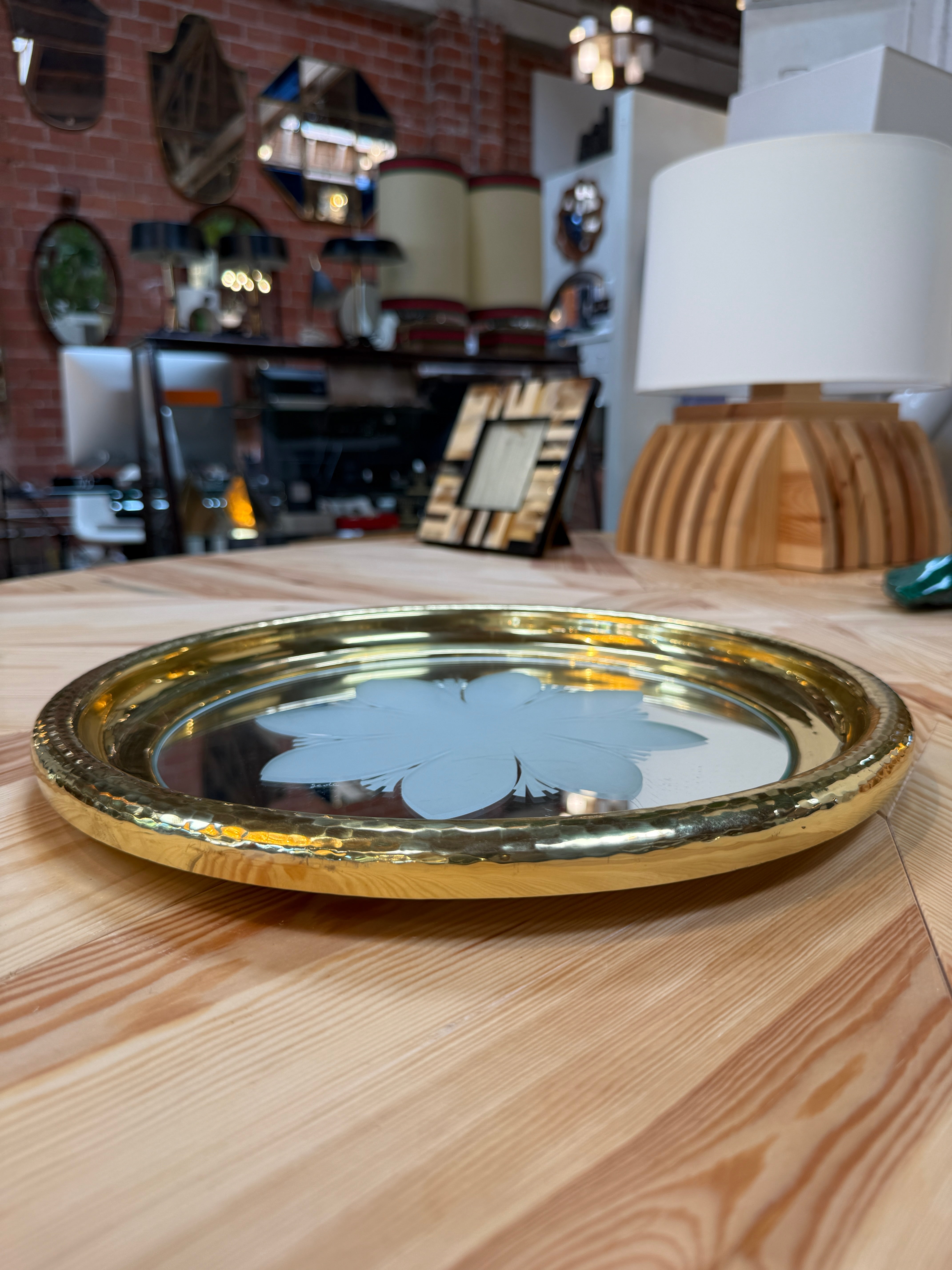 Round Brass Tray with Floral Mirrored Glass