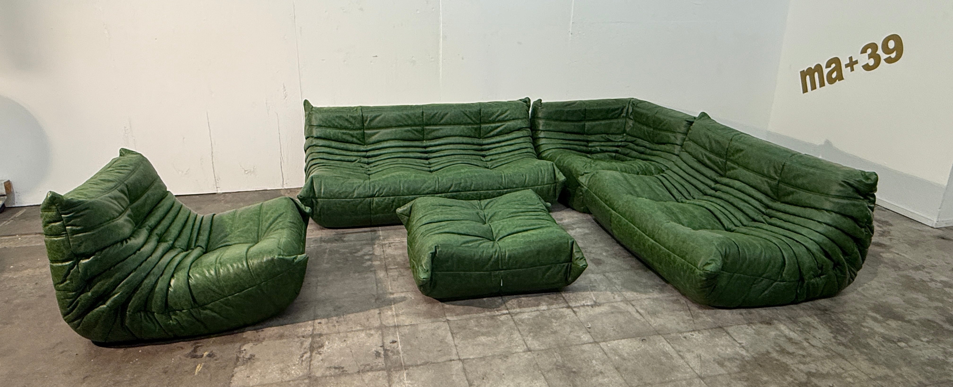 Set of 5 Togo Sofa Set in Emerald Green Leather by Michel Ducaroy for Ligne Roset