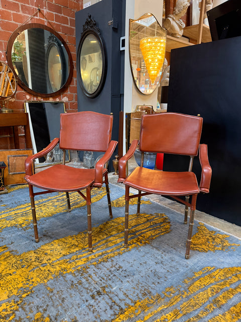 Jacques Adnet French Modernist Leather & Brass Chairs (Set of 2)
