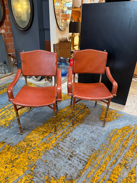 Jacques Adnet French Modernist Leather & Brass Chairs (Set of 2)