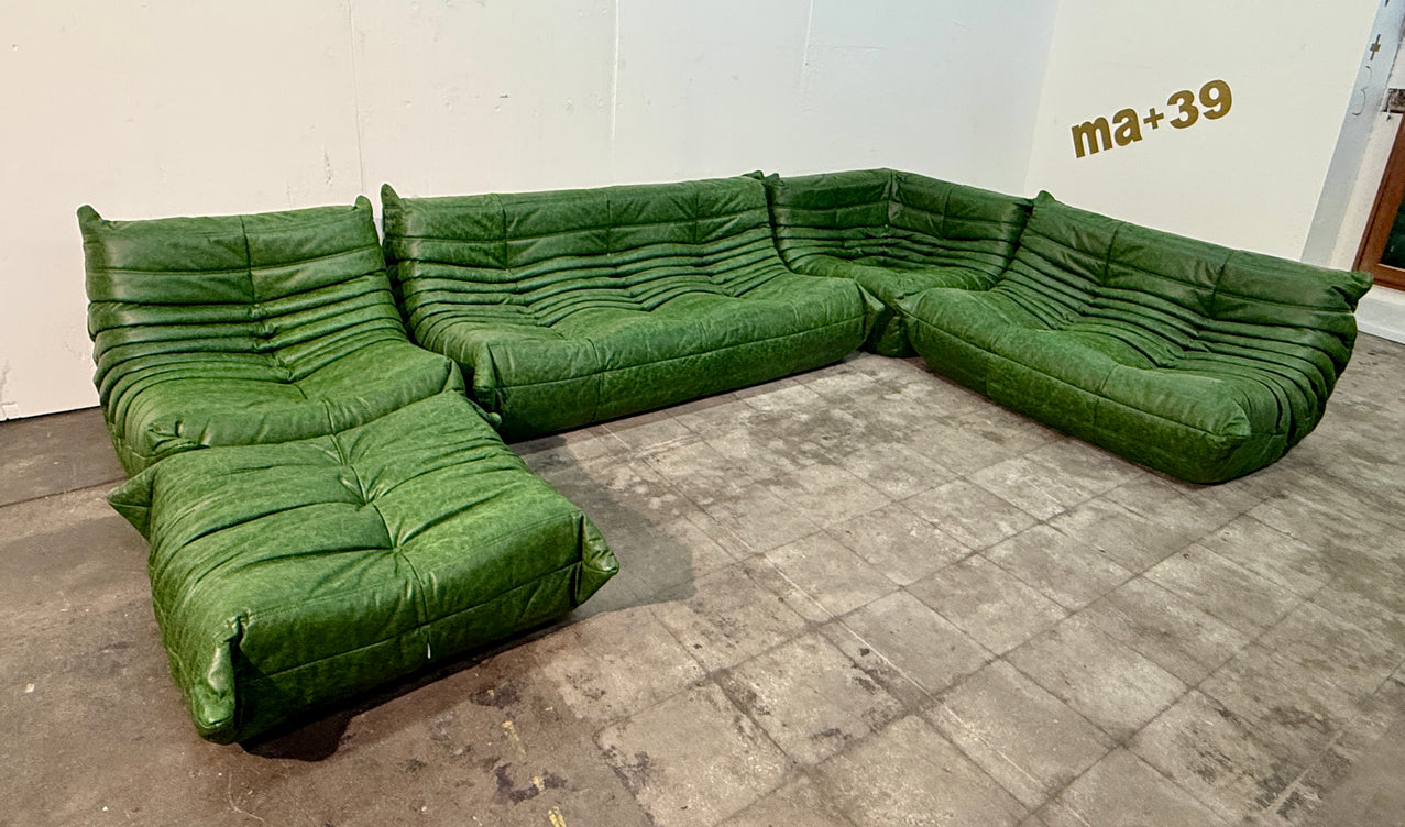 Set of 5 Togo Sofa Set in Emerald Green Leather by Michel Ducaroy for Ligne Roset