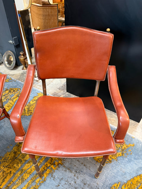 Jacques Adnet French Modernist Leather & Brass Chairs (Set of 2)