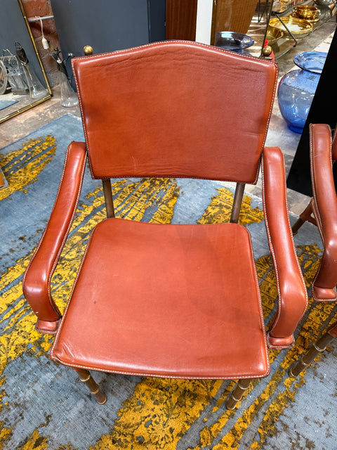 Jacques Adnet French Modernist Leather & Brass Chairs (Set of 2)