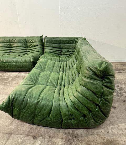 Set of 5 Togo Sofa Set in Emerald Green Leather by Michel Ducaroy for Ligne Roset
