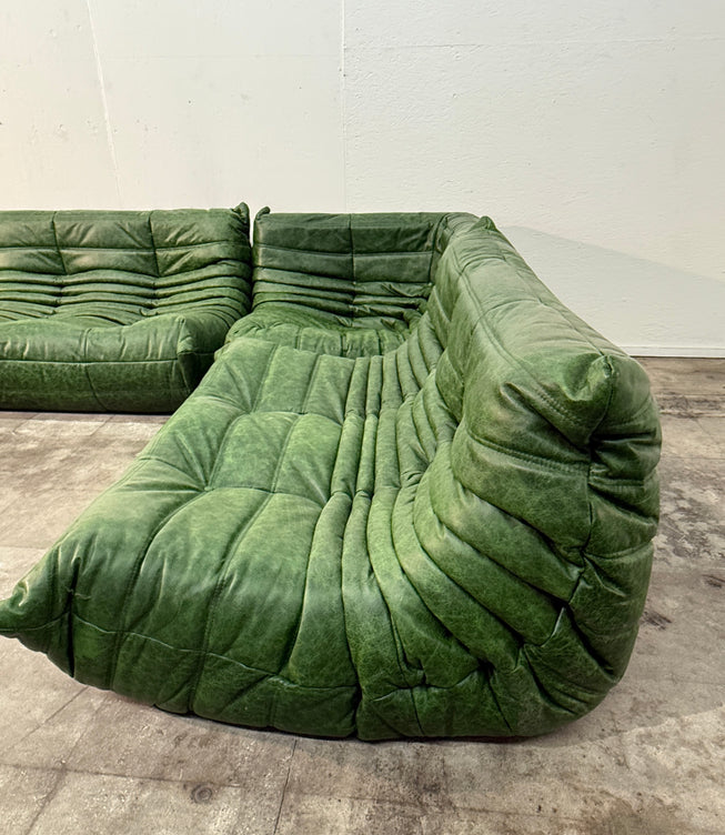 Set of 5 Togo Sofa Set in Emerald Green Leather by Michel Ducaroy for Ligne Roset