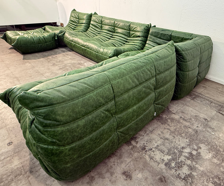 Set of 5 Togo Sofa Set in Emerald Green Leather by Michel Ducaroy for Ligne Roset