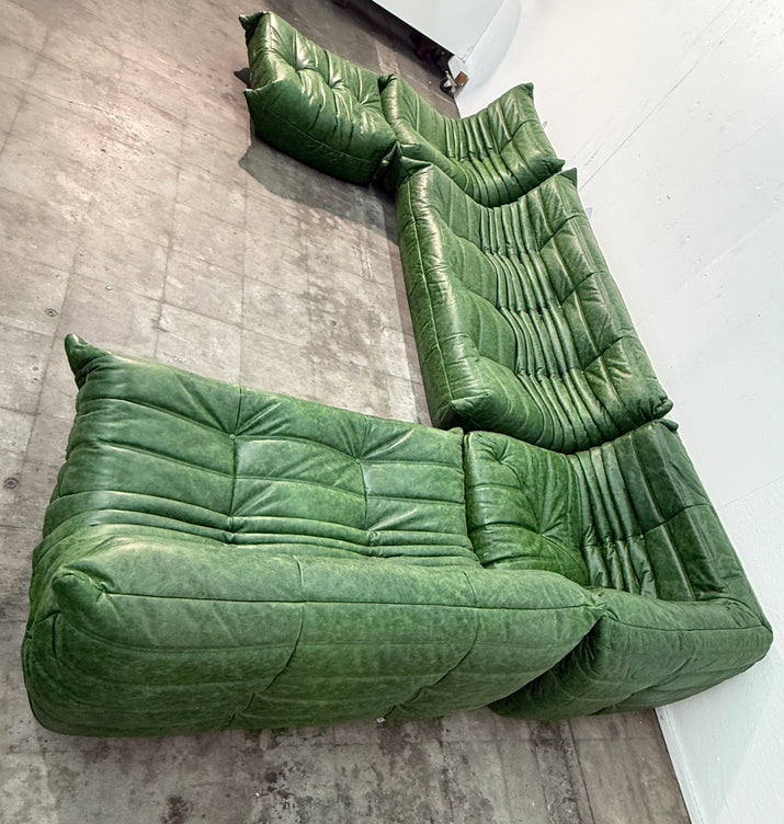 Set of 5 Togo Sofa Set in Emerald Green Leather by Michel Ducaroy for Ligne Roset