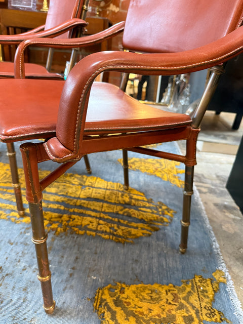Jacques Adnet French Modernist Leather & Brass Chairs (Set of 2)