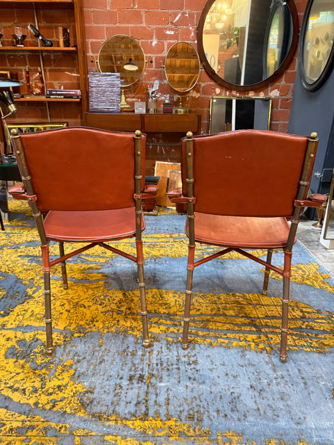 Jacques Adnet French Modernist Leather & Brass Chairs (Set of 2)