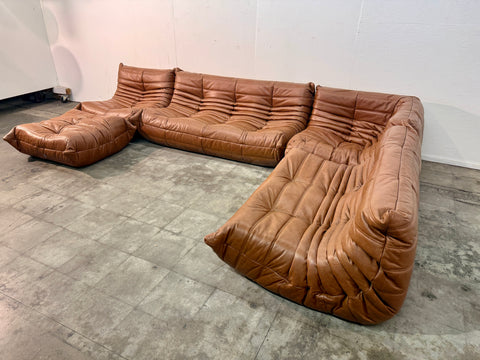 Set of 5 Togo Sofa in Cognac Leather by Michel Ducaroy for Ligne Roset, 1970s