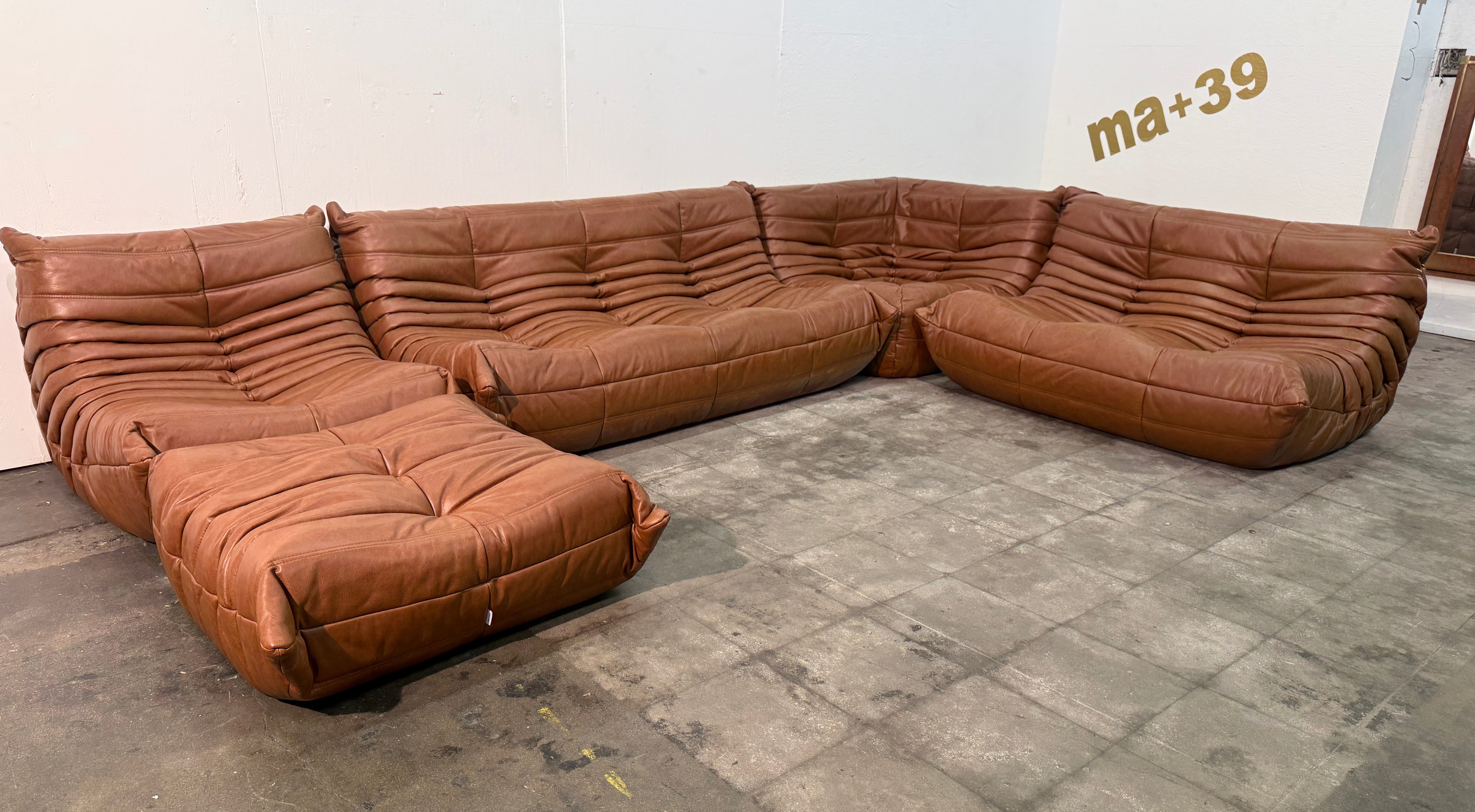 Set of 5 Togo Sofa in Cognac Leather by Michel Ducaroy for Ligne Roset, 1970s