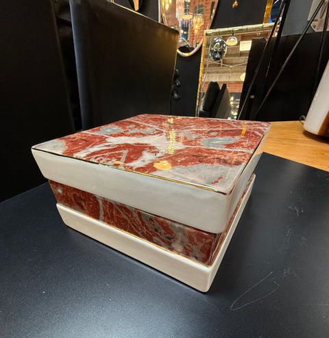 Tommaso Barbi Ceramic Lidded Box with Red Marbleized Glaze and Gold Detailing